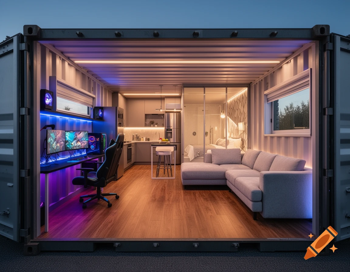 Modern interior of a converted shipping container home, featuring a gaming setup with blue and purple lights, a kitchen, and a living area.