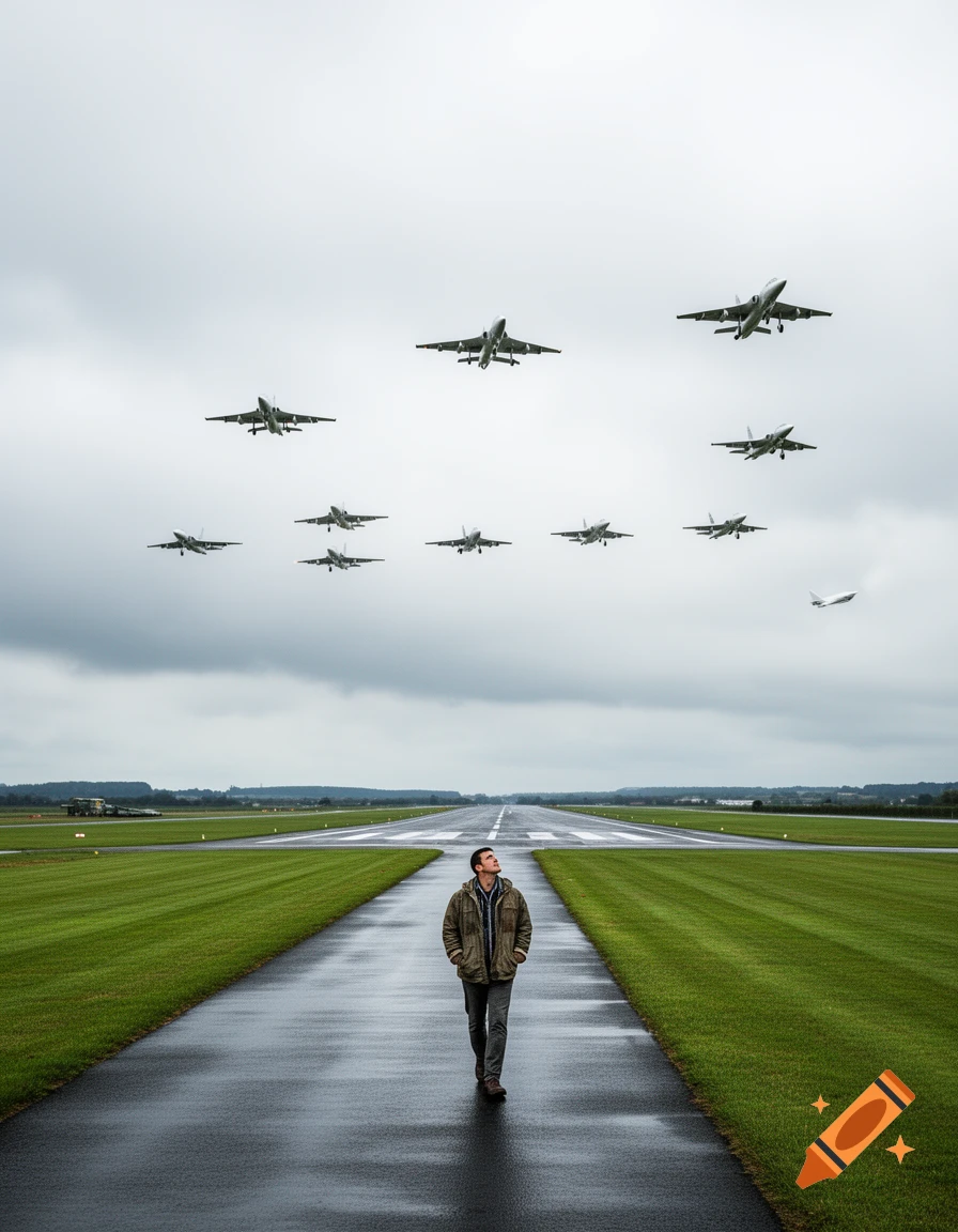 A man walks on a wet runway, looking up at multiple airplanes flying in a cloudy sky above green fields.