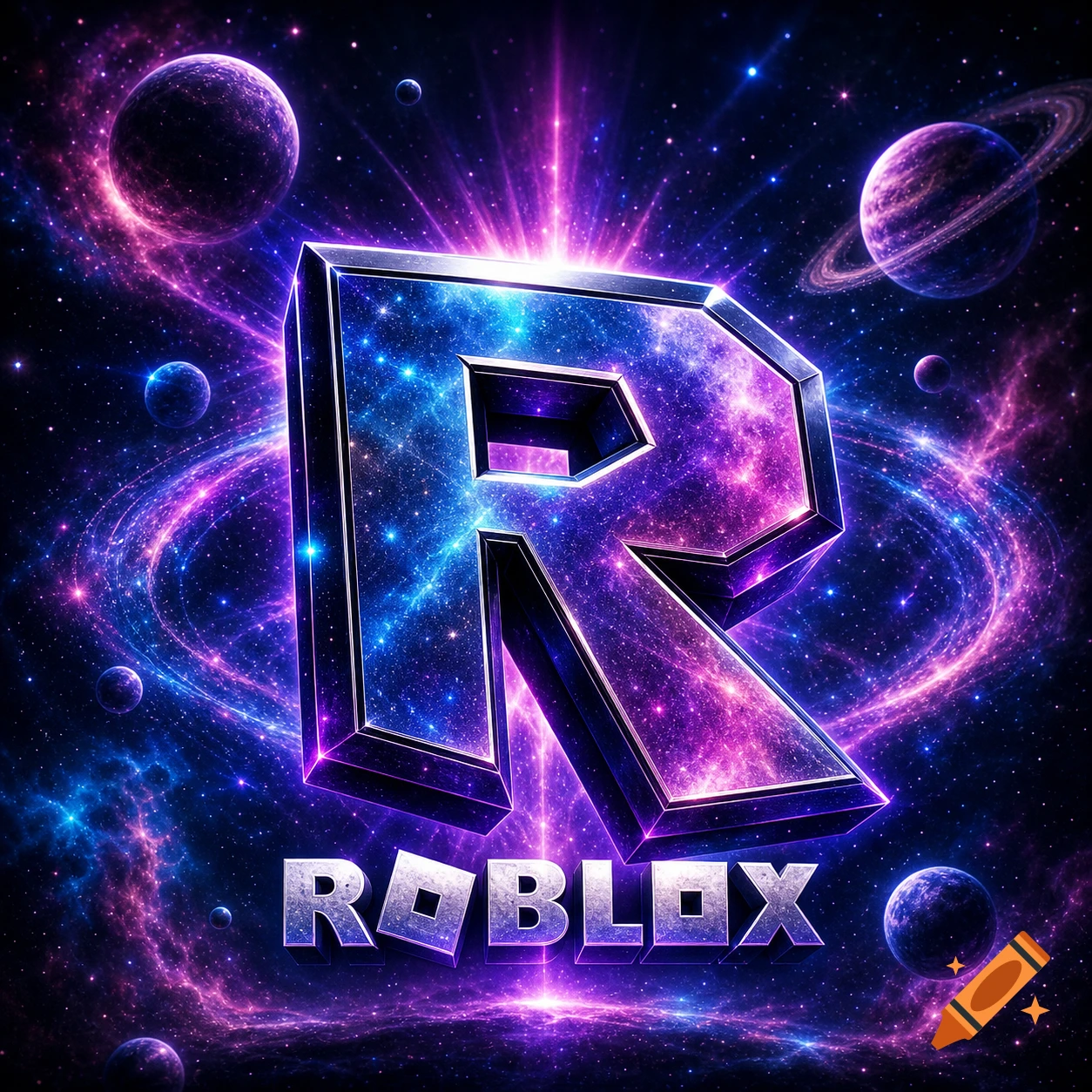 A shiny metallic R logo and the word ROBLOX float in a vibrant blue and purple galaxy with stars and planets.