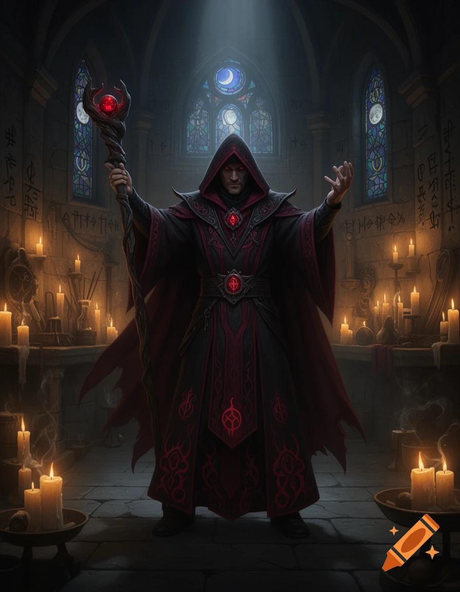 A hooded dark wizard in a black and red robe holds a glowing staff and casts a spell in a candlelit gothic chamber with stained glass windows.
