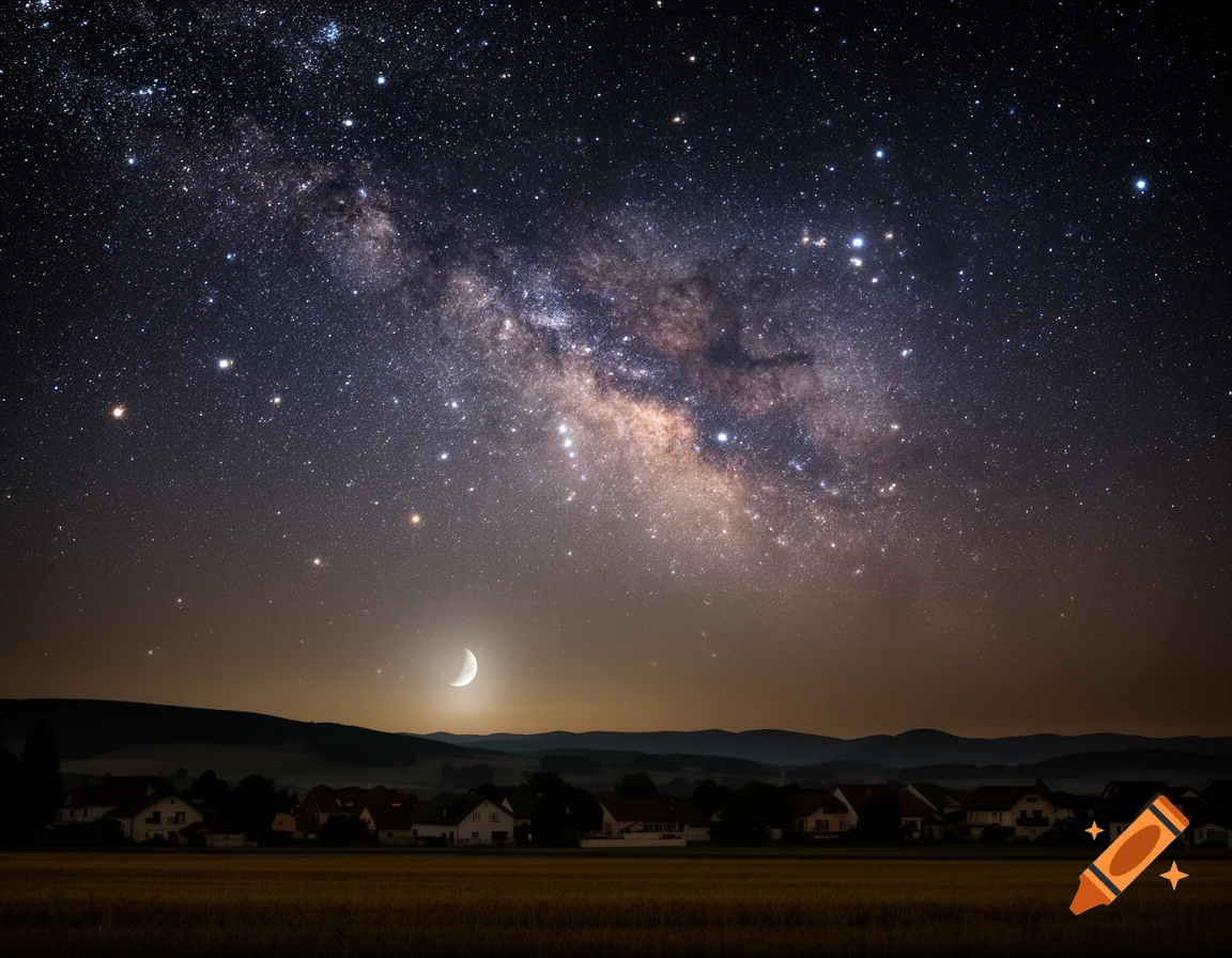 A photorealistic night sky with the Milky Way and a crescent moon illuminating a village nestled in a valley beneath hills.