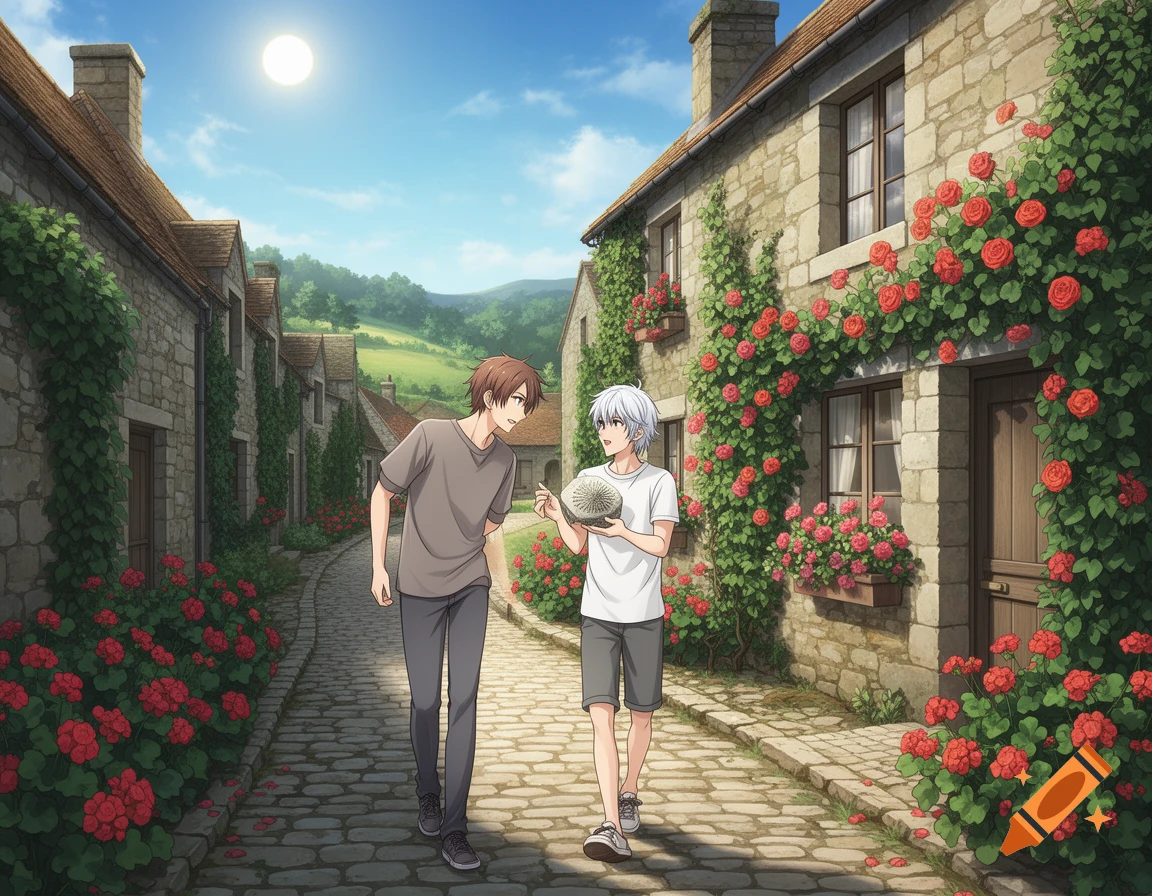 Two anime men walk on a cobblestone village street lined with stone houses covered in red roses and ivy, under a bright sun.