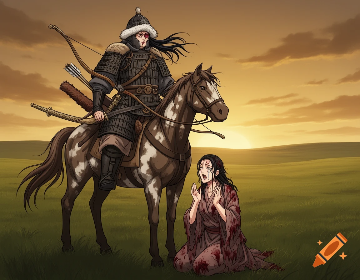 An anime-style Mongolian steppe warlord on a mottled horse stares down at a bloody, kneeling woman begging for mercy in a grassy field at sunset.