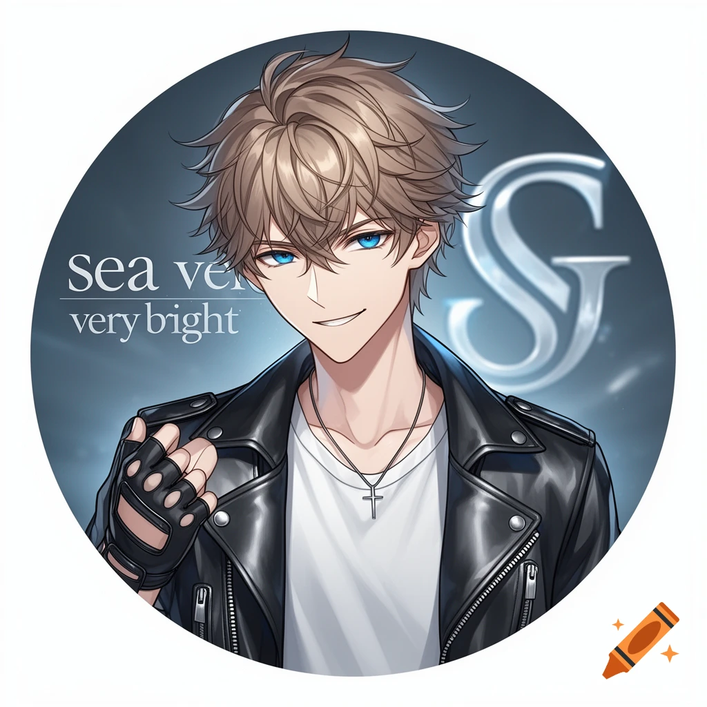 An anime boy with spiky brown hair, blue eyes, a leather jacket, and a cross necklace, against a dark blue background with text.