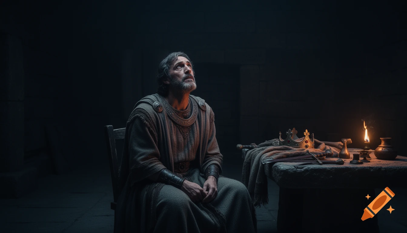 A photorealistic, dramatic image of a man in ancient robes sitting in a dark stone room, looking up with a sorrowful expression. A crown and lit oil lamp are on a table beside him.