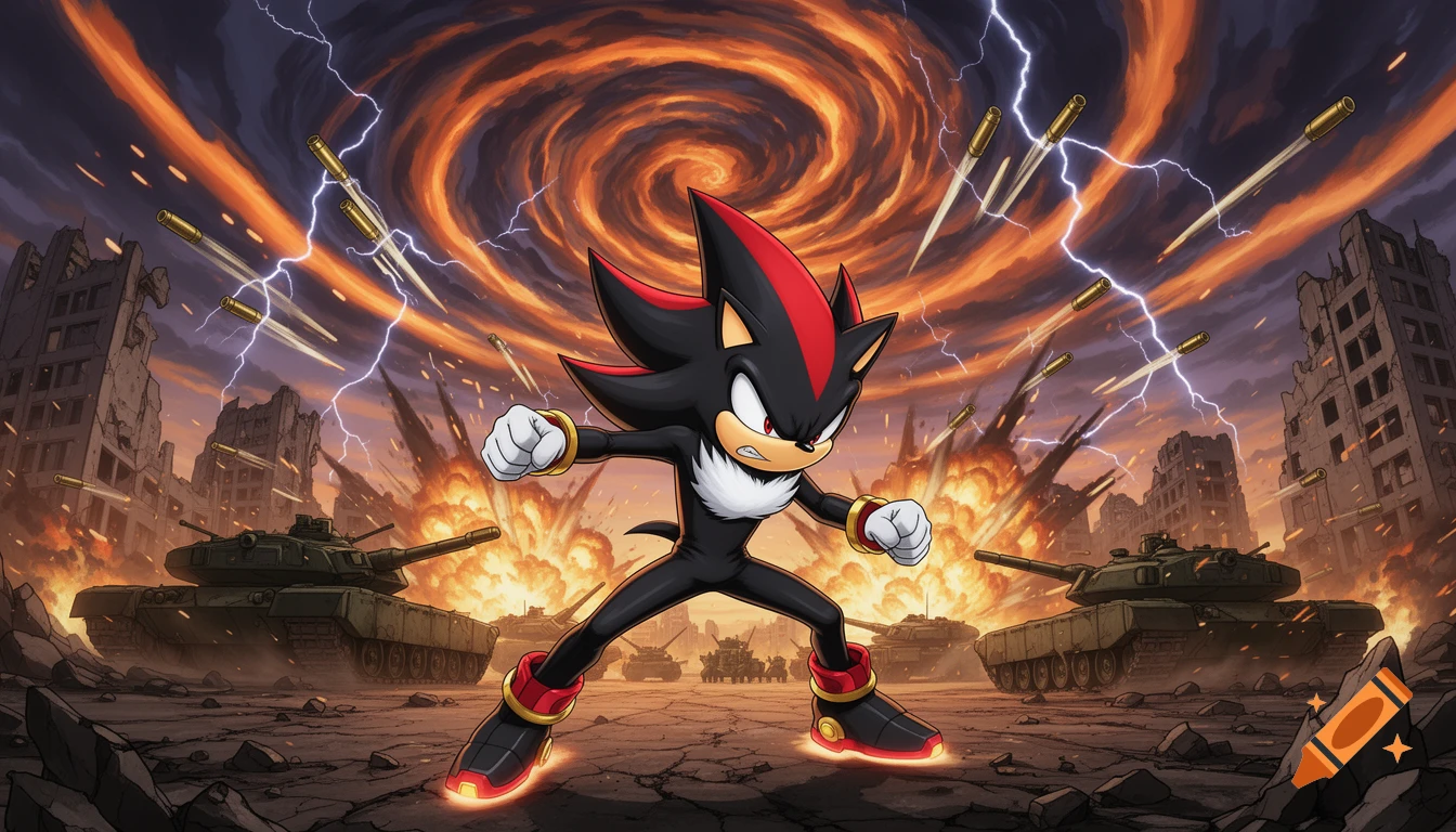 Shadow the Hedgehog stands defiantly in an anime-style apocalyptic warzone with destroyed buildings, tanks, explosions, and lightning.