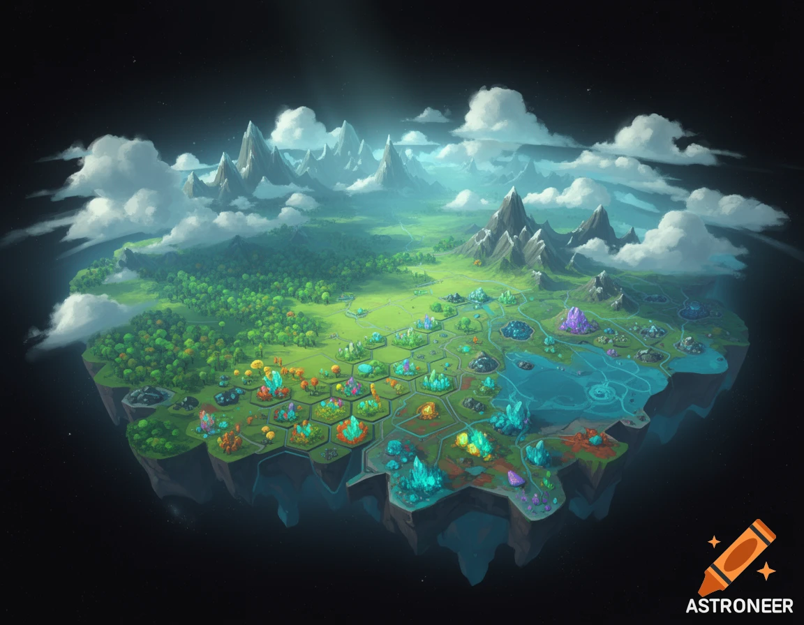 A vibrant, stylized aerial view of a floating island planet, featuring diverse biomes, mountains, forests, hexagonal grids, and colorful crystals. The word "ASTRONEER" is at the bottom right.