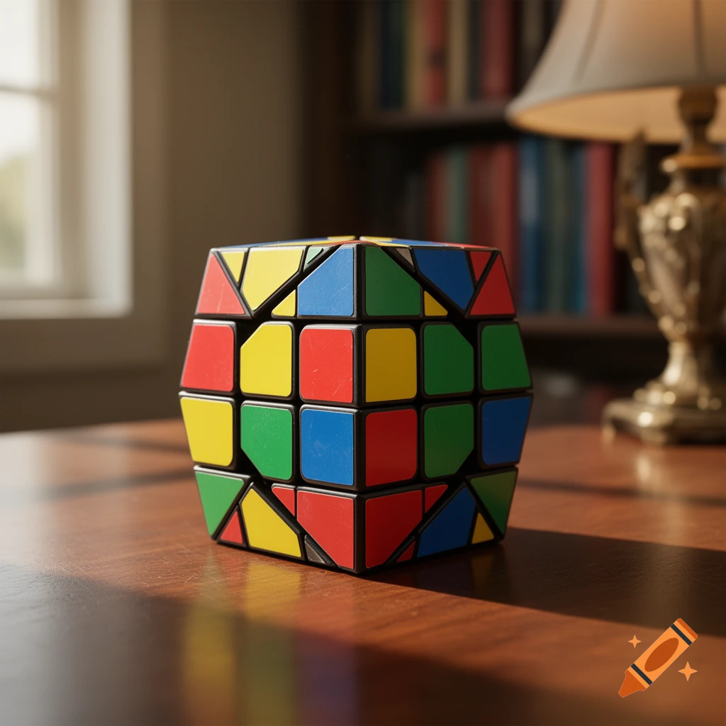 A colorful Rubik's Cuboctahedron sits on a wooden table, illuminated by sunlight, with a blurred window and bookshelf in the background.