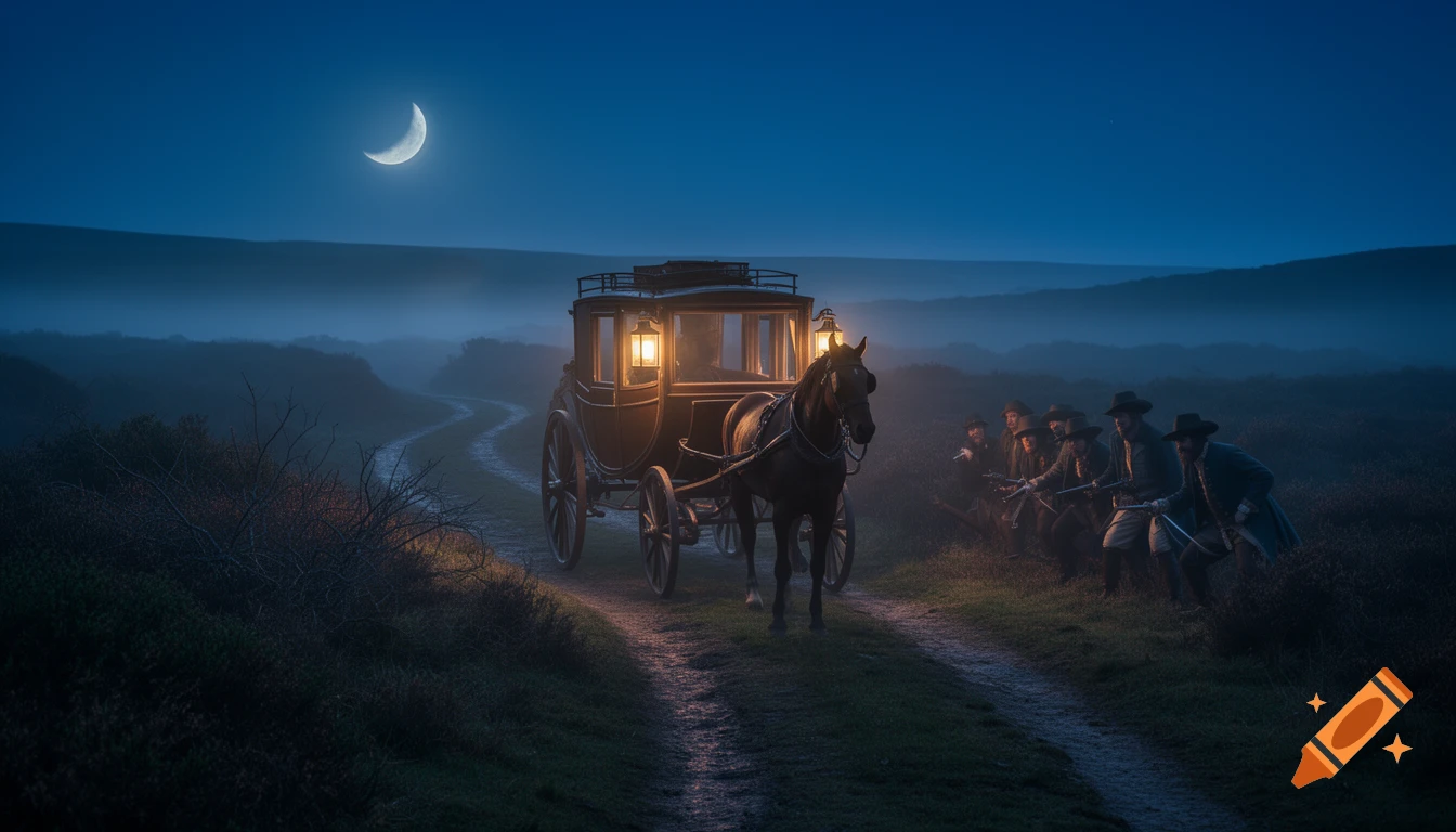Photorealistic image of a horse-drawn coach with lanterns on a foggy track at night, with highwaymen hiding in the bushes under a crescent moon.