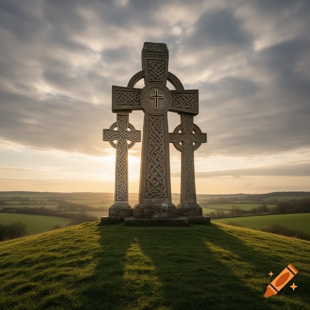 Three intricately carved stone Celtic crosses stand on a grassy hill at sunset, with rolling green fields under a cloudy sky.