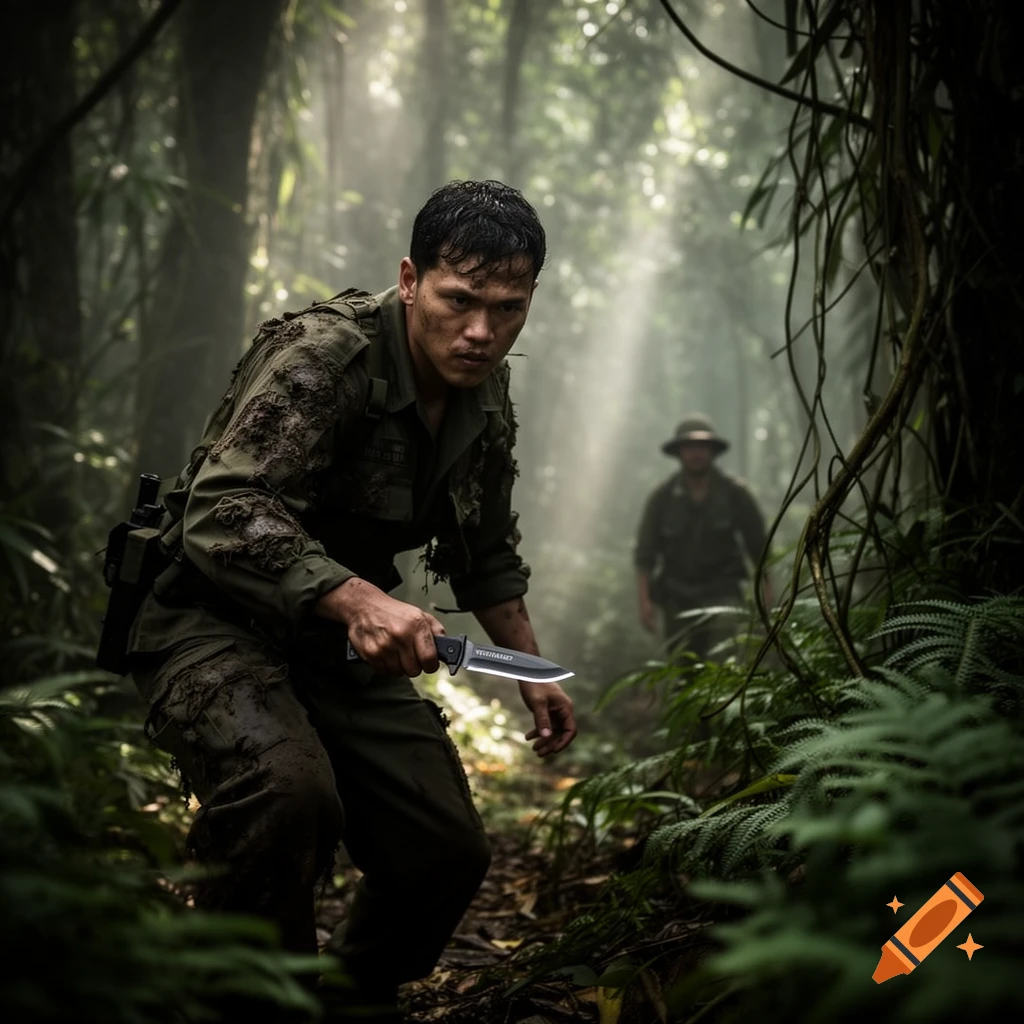 A camouflaged soldier with a knife stealthily moves through a dense, misty jungle, with another soldier visible in the background.