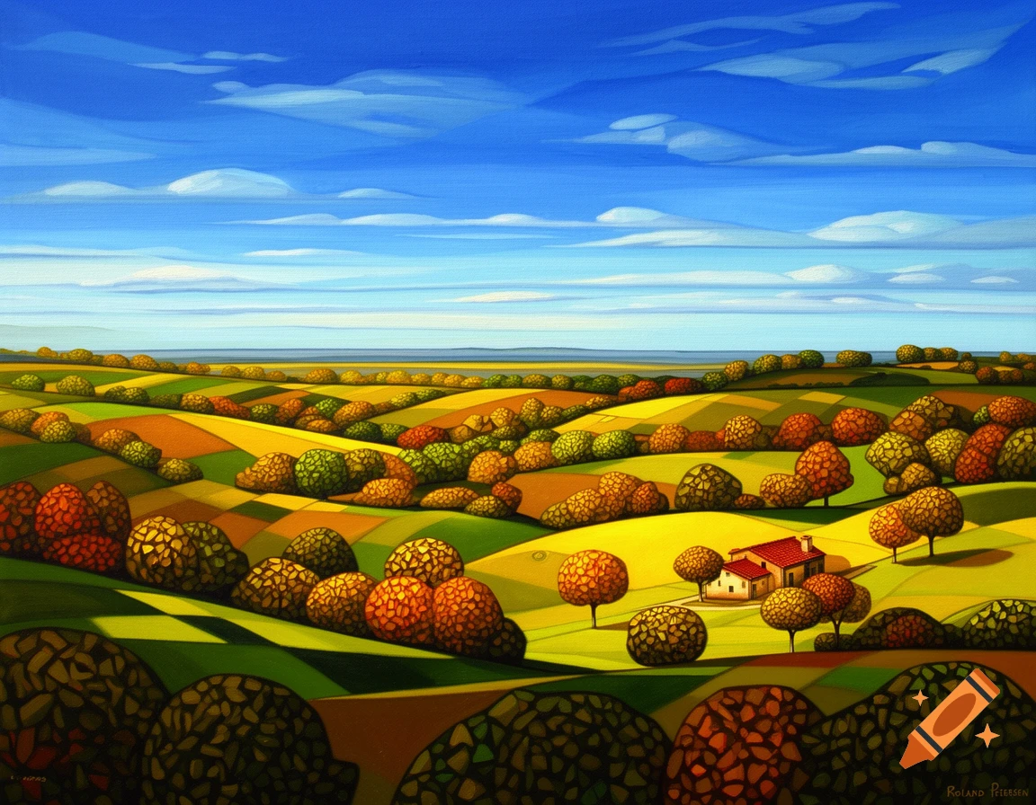 A vibrant, stylized painting of a rolling landscape with colorful, patterned trees and fields, and a small house.