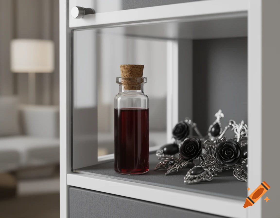 A small bottle with dark red liquid and gothic jewelry featuring black roses in a modern white and grey display cabinet, blurred home interior background.