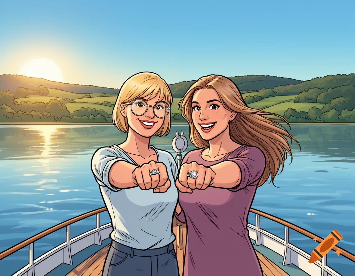 Two smiling women in comic style on a boat, showing their engagement rings with a lake, hills, and sunset in the background.