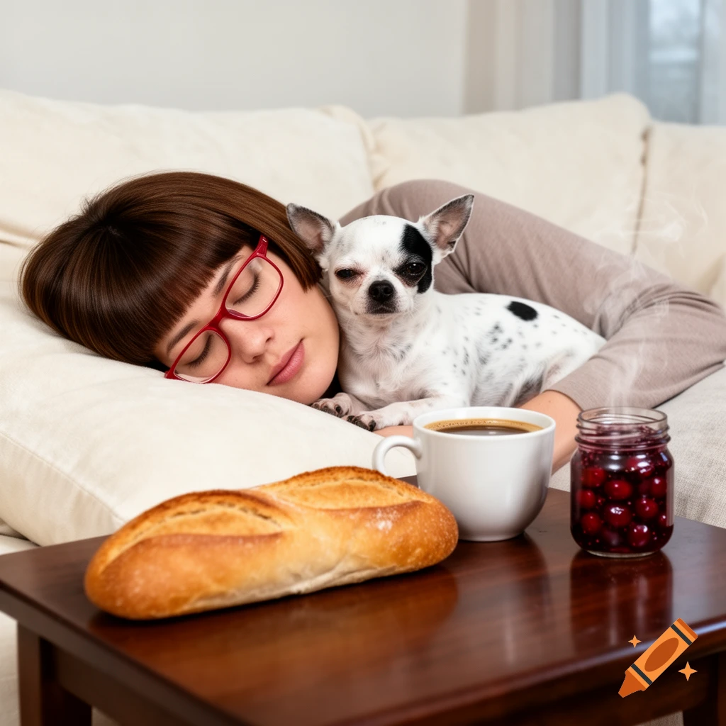 A sleeping woman in red glasses cuddles a chihuahua on a couch, with a baguette, coffee, and cherry jam on a table.