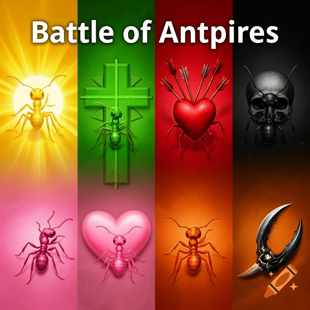 A game cover divided into six colorful panels, each featuring a stylized ant and a symbolic emblem, with the title "Battle of Antpires" across the top.