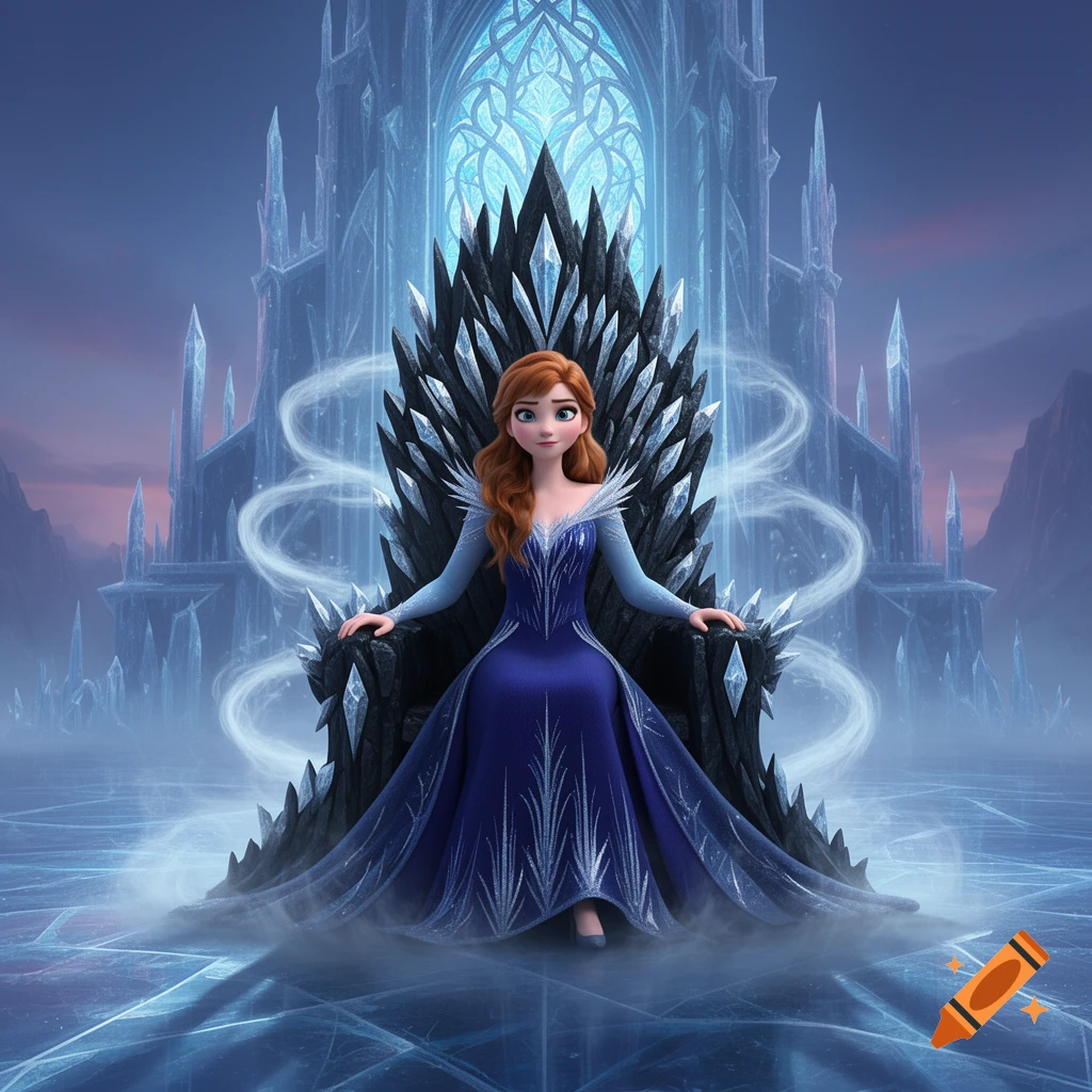 Anna from Frozen sits on a dark, spiky ice throne in a grand ice castle, wearing a blue gown, in CGI animation style.