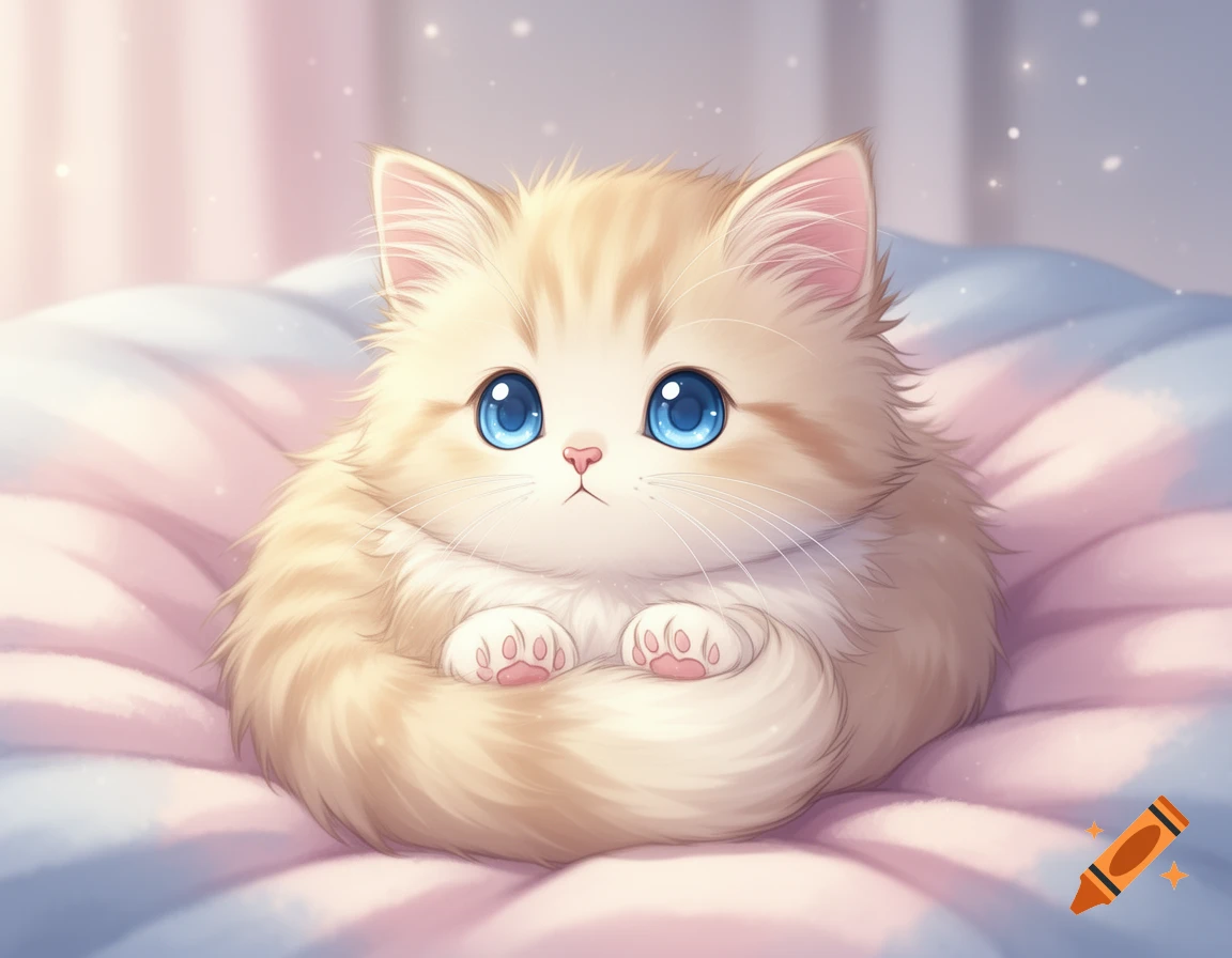 A cute, fluffy, orange and white anime kitten with big blue eyes sits on a pink and blue blanket.