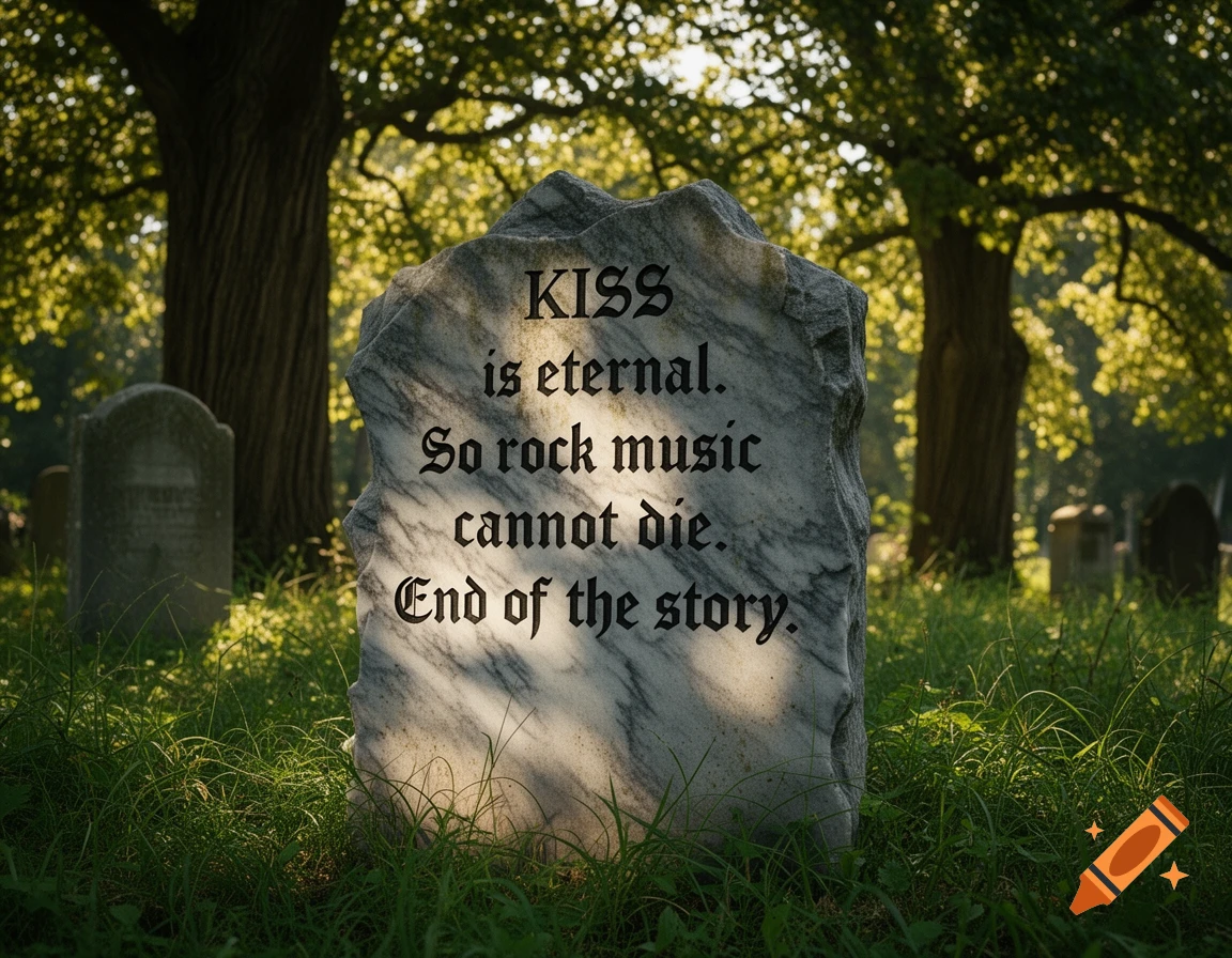 A sunlit marble tombstone in a grassy graveyard, inscribed with 'KISS is eternal. So rock music cannot die. End of the story.'