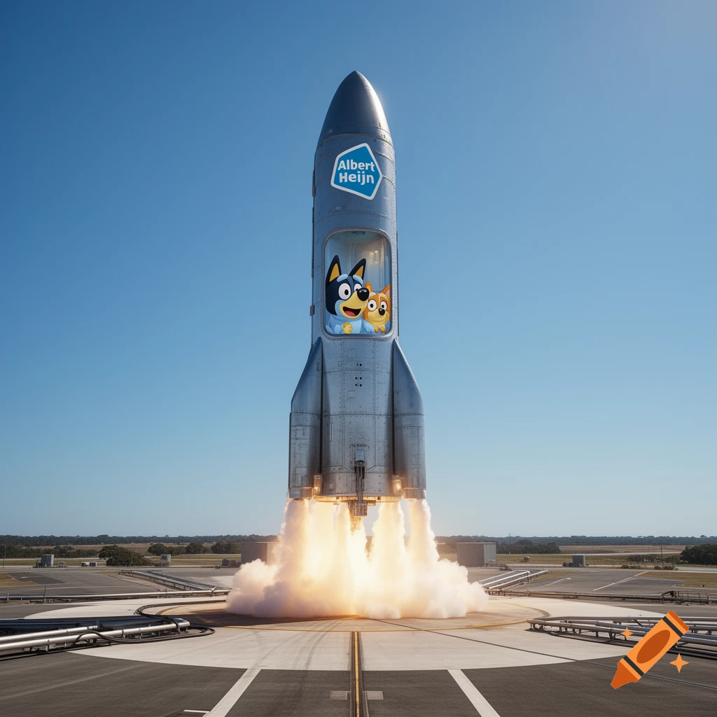 A photorealistic rocket with Bluey and Bingo inside, featuring the Albert Heijn logo, launching into a clear blue sky.