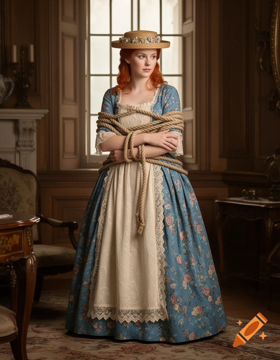 A calm, red-haired woman in a 1760s-inspired blue floral gown with a straw hat stands in an elegant parlor, her upper body loosely wrapped in rope.