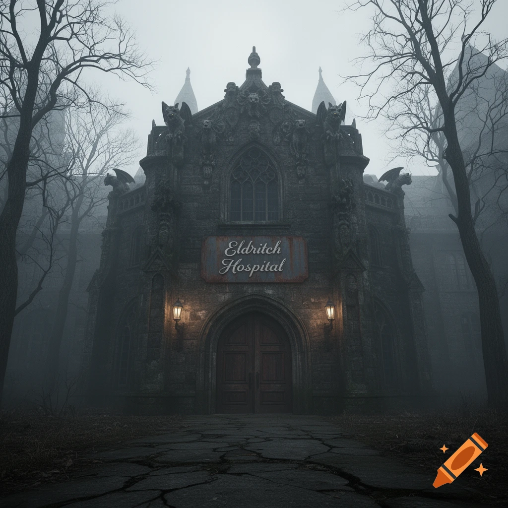 A dark, eerie gothic hospital with gargoyles and bare trees, shrouded in fog at night, with a sign reading 'Eldritch Hospital'.