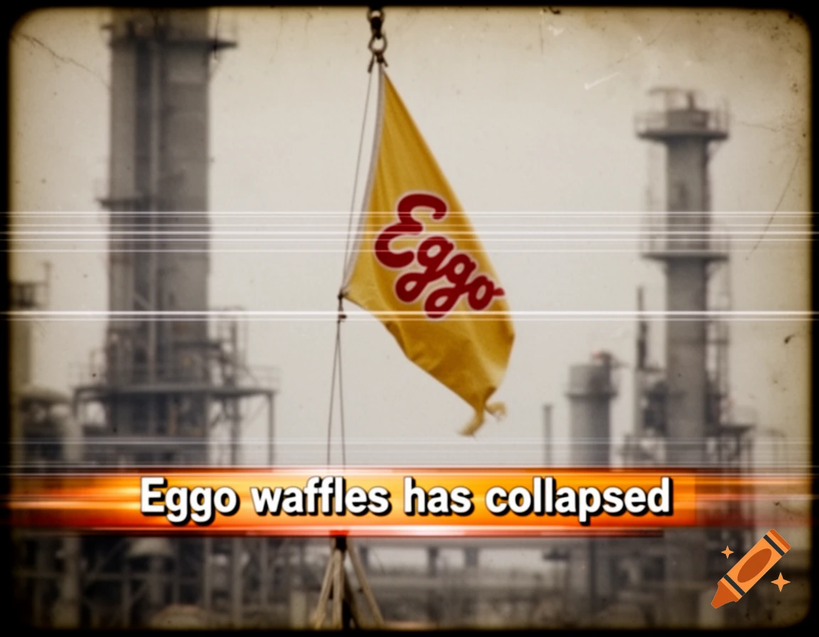 A yellow Eggo flag hangs in front of an industrial background with a news scroll stating 'Eggo waffles has collapsed' in VHS style.