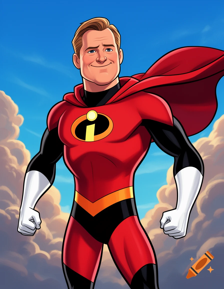 Cartoon portrait of Roger Goodell as a superhero in a red and black Incredibles-style suit, with a red cape and blue sky.
