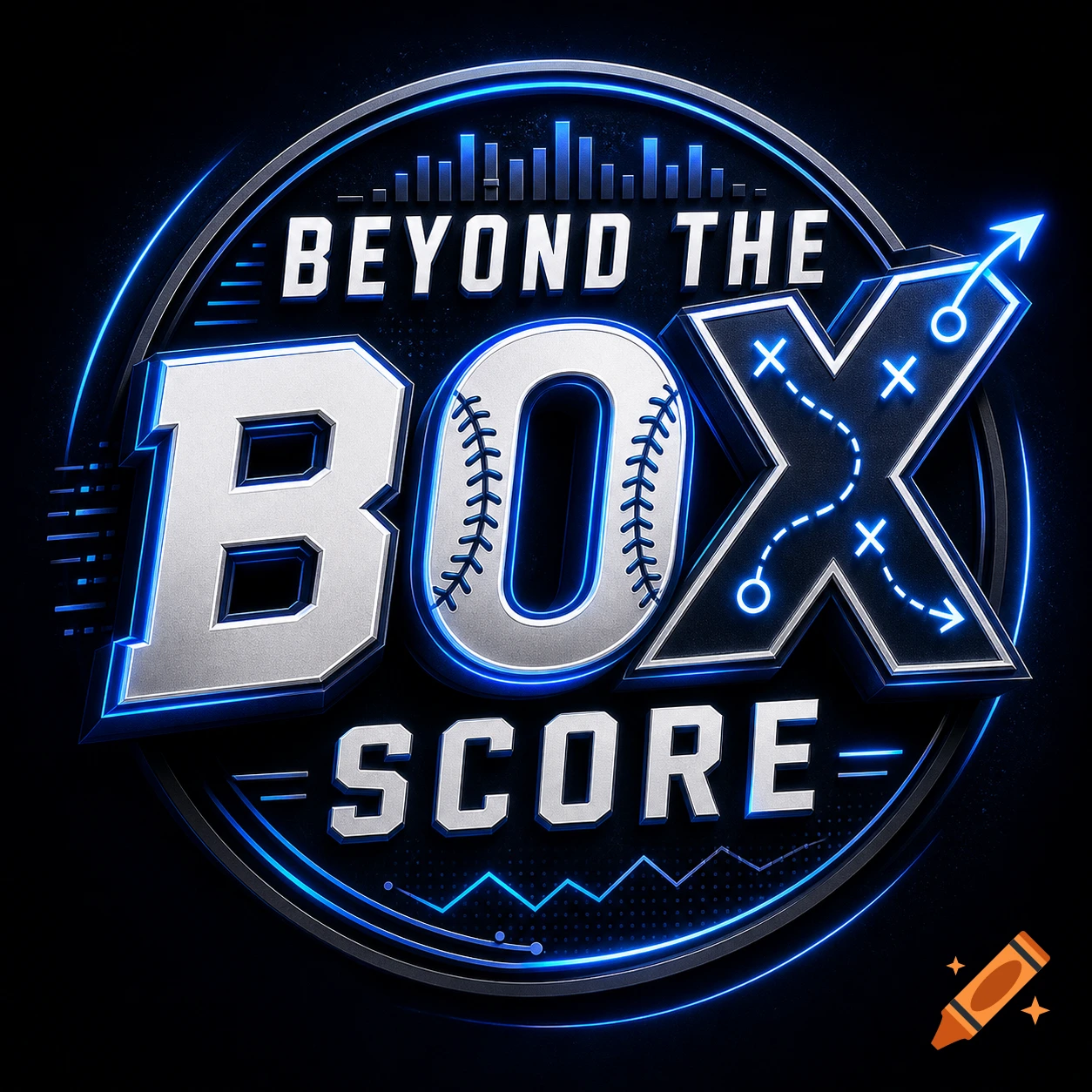 A modern sports logo for 'Beyond the Box Score' with glowing electric blue text, featuring baseball seams in 'O' and football playbook 'X' on a dark background.