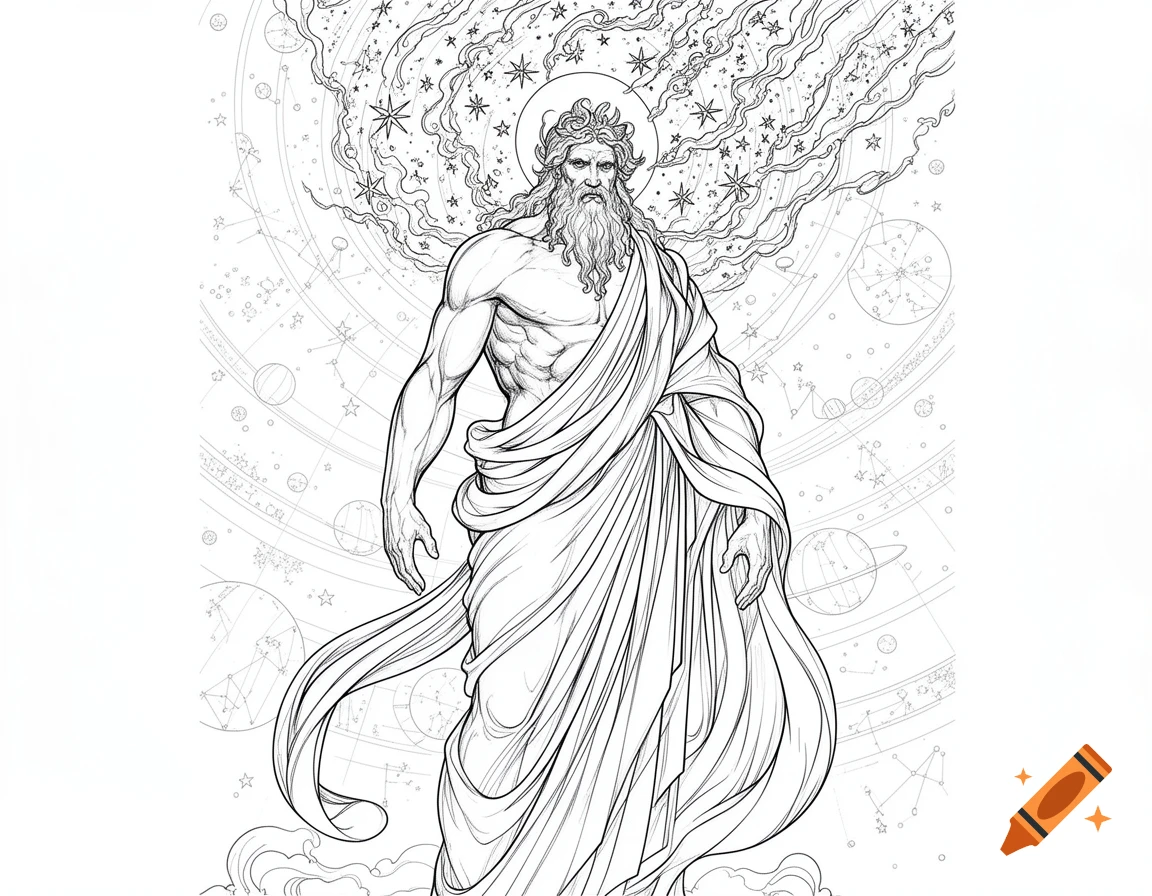 Line art drawing of a bearded, muscular man draped in cloth, representing Uranus, against a celestial background with stars and planetary diagrams.