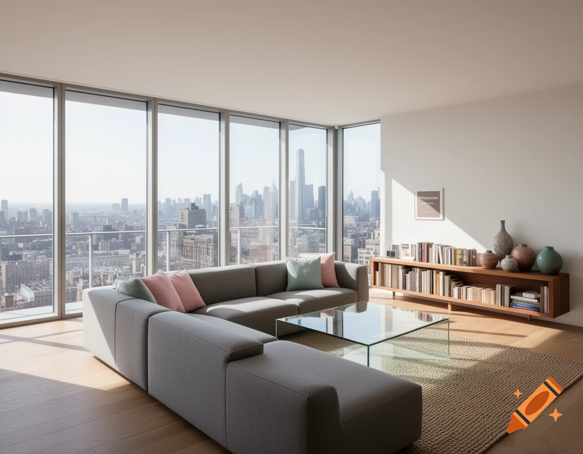 A modern living room with a grey sectional sofa, glass coffee table, and large windows overlooking a city skyline.