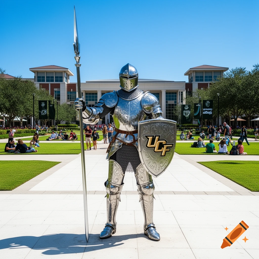 A photorealistic image of a UCF Knight mascot in full silver armor, holding a spear and shield, standing on a sunny university campus lawn.