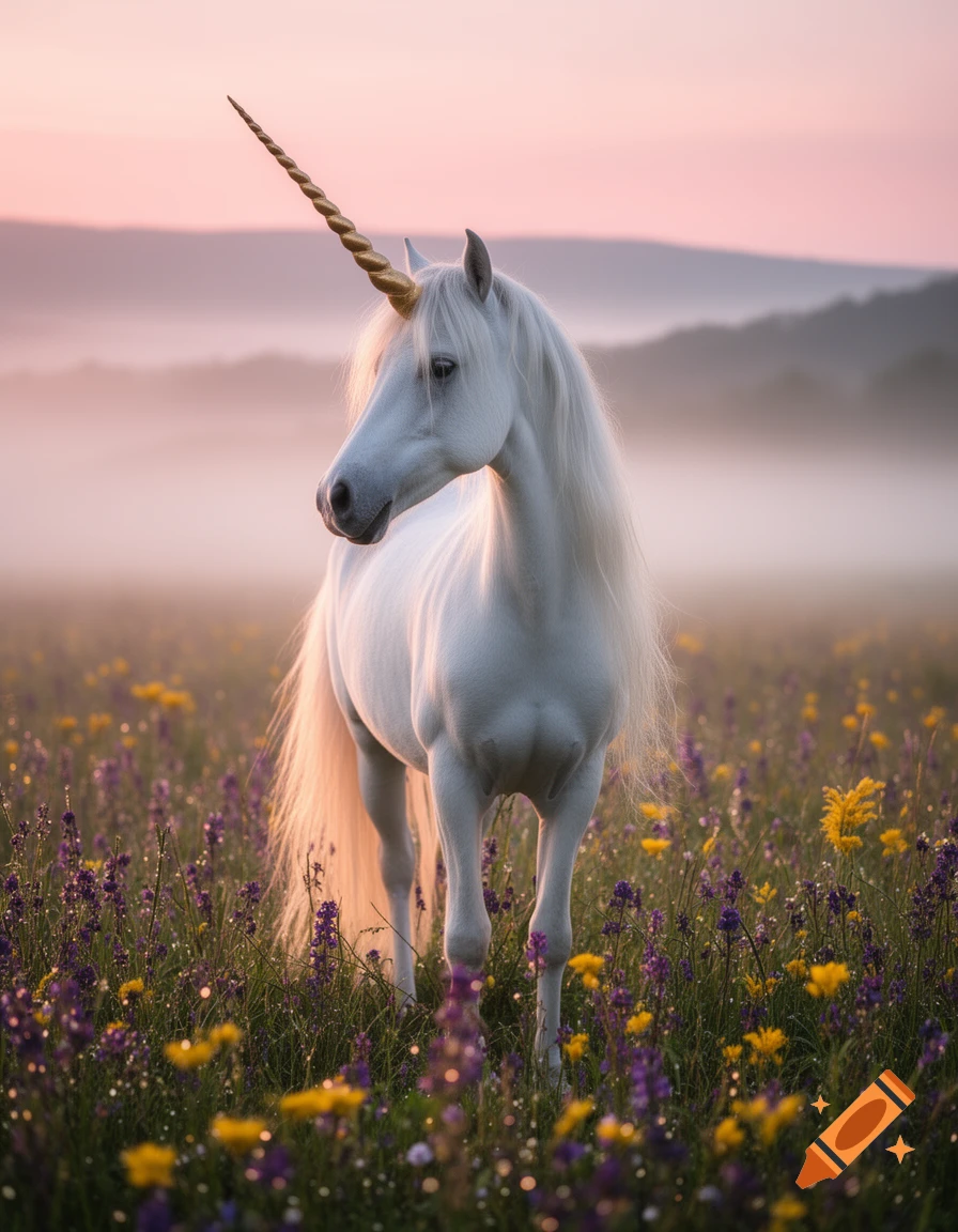 A white unicorn with a golden horn stands in a field of purple and yellow flowers under a pink sky.