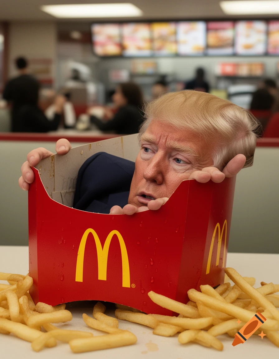 Donald Trump's head and shoulders emerge desperately from a McDonald's fry box, surrounded by fries in a restaurant, photorealistic.