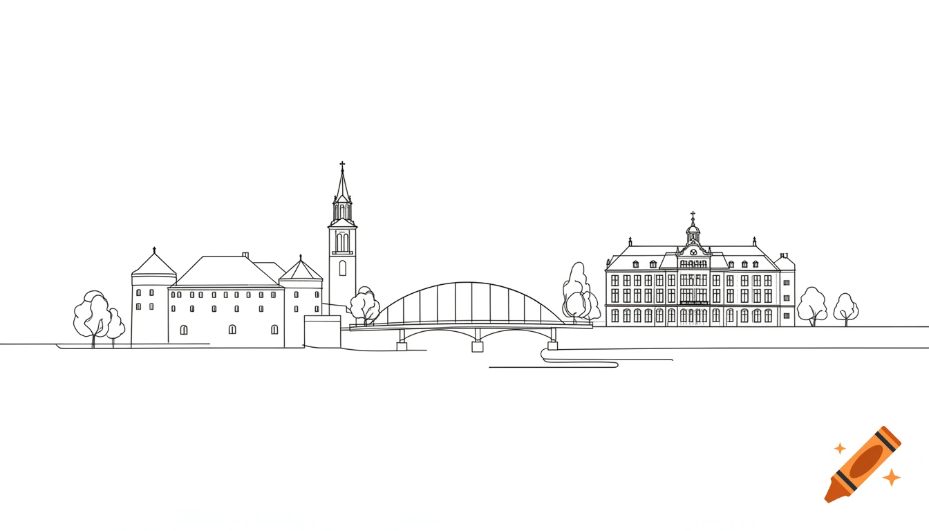 A minimalist continuous one-line drawing of the Berlin-Spandau skyline, featuring buildings, a church tower, and a bridge over a river.