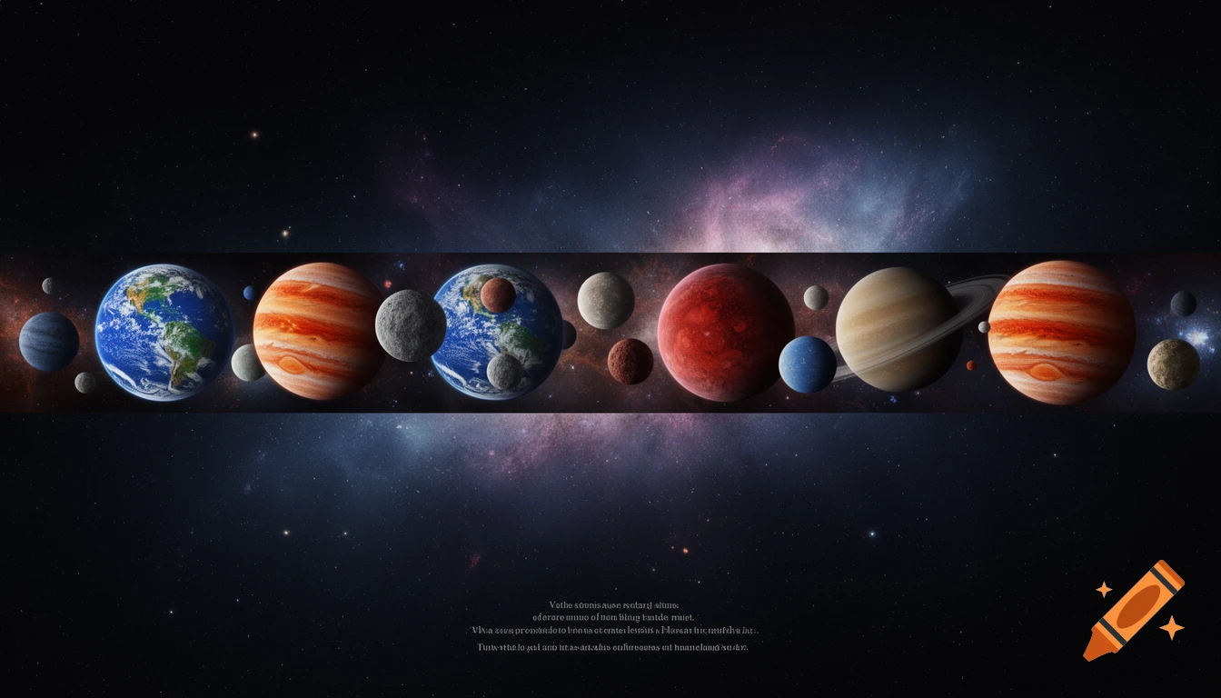 A horizontal band of realistic planets and moons, including Earth, Jupiter, Saturn, and Mars, against a starry cosmic background.