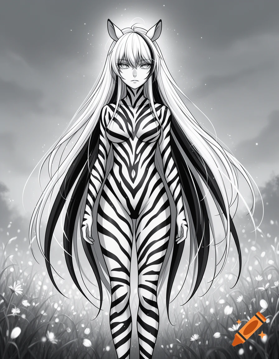 Grayscale anime girl with long white hair and zebra-striped bodysuit stands in a field of flowers under a cloudy sky.