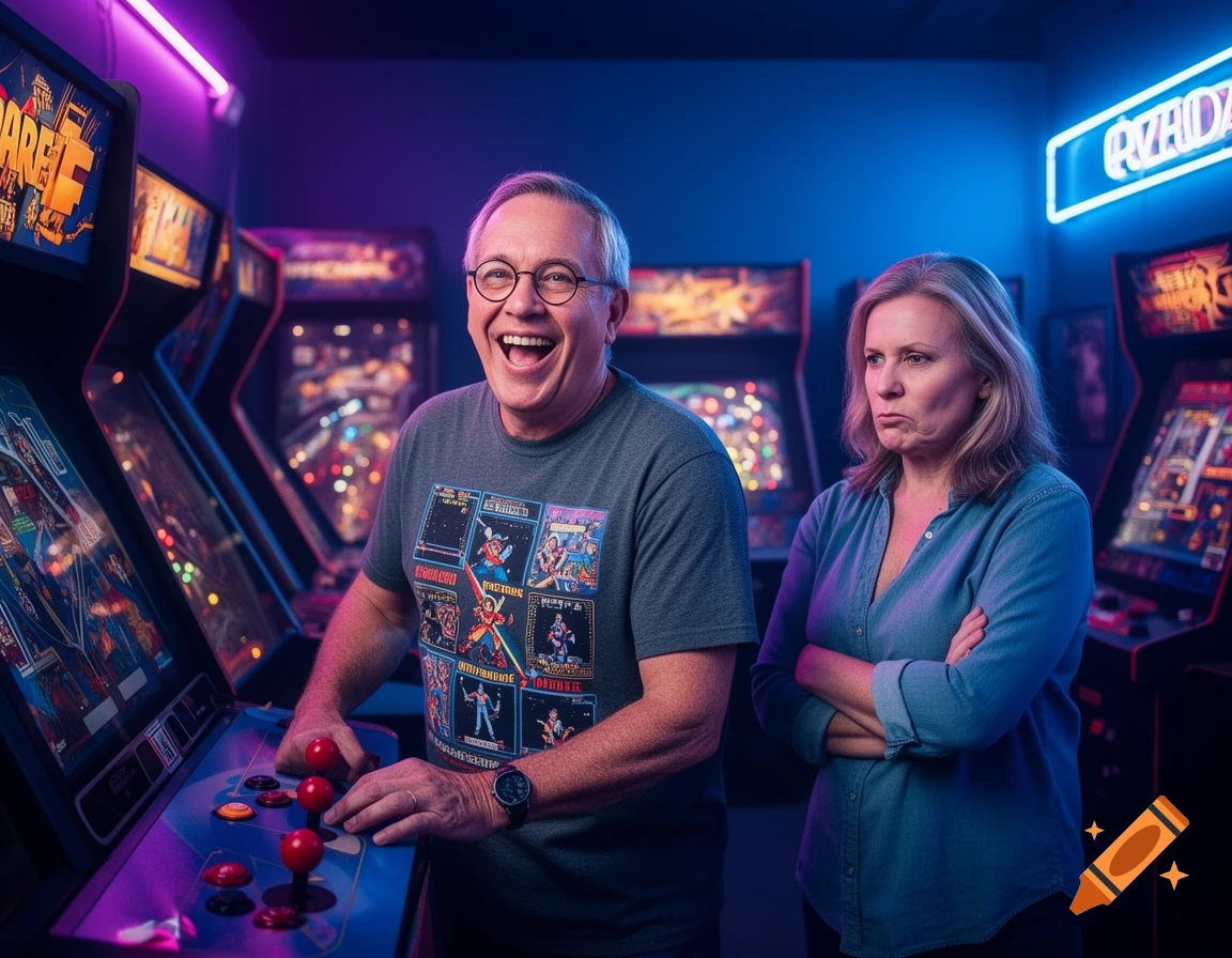 A thrilled elderly man with glasses plays a retro arcade game while his unamused wife stands beside him with crossed arms in a neon-lit arcade.