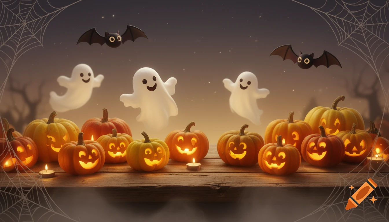 A cute Halloween scene with glowing jack-o'-lanterns, candles on a wooden table, floating cartoon ghosts, and bats under a starry sky with spiderwebs.