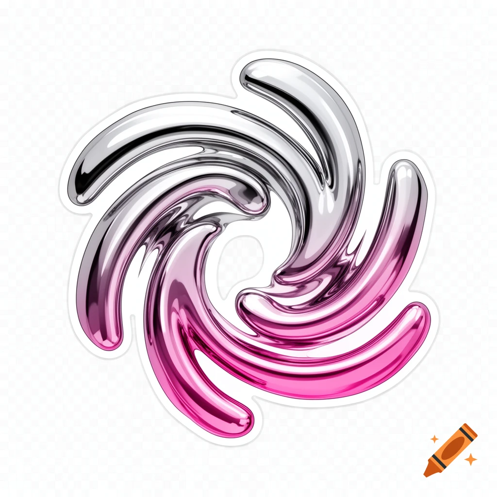 Abstract swirl of glossy, reflective chrome and holographic pink liquid metal shapes, resembling a sticker.