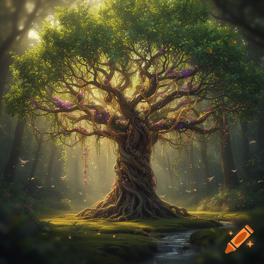 A majestic, gnarled tree adorned with purple flowers and vines stands in a sun-drenched, mystical forest with a winding stream.