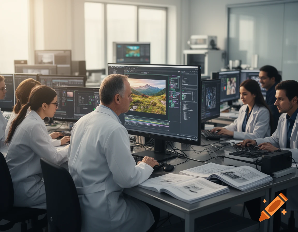 People in lab coats working on computers in an office, one person editing a landscape image on a large screen.