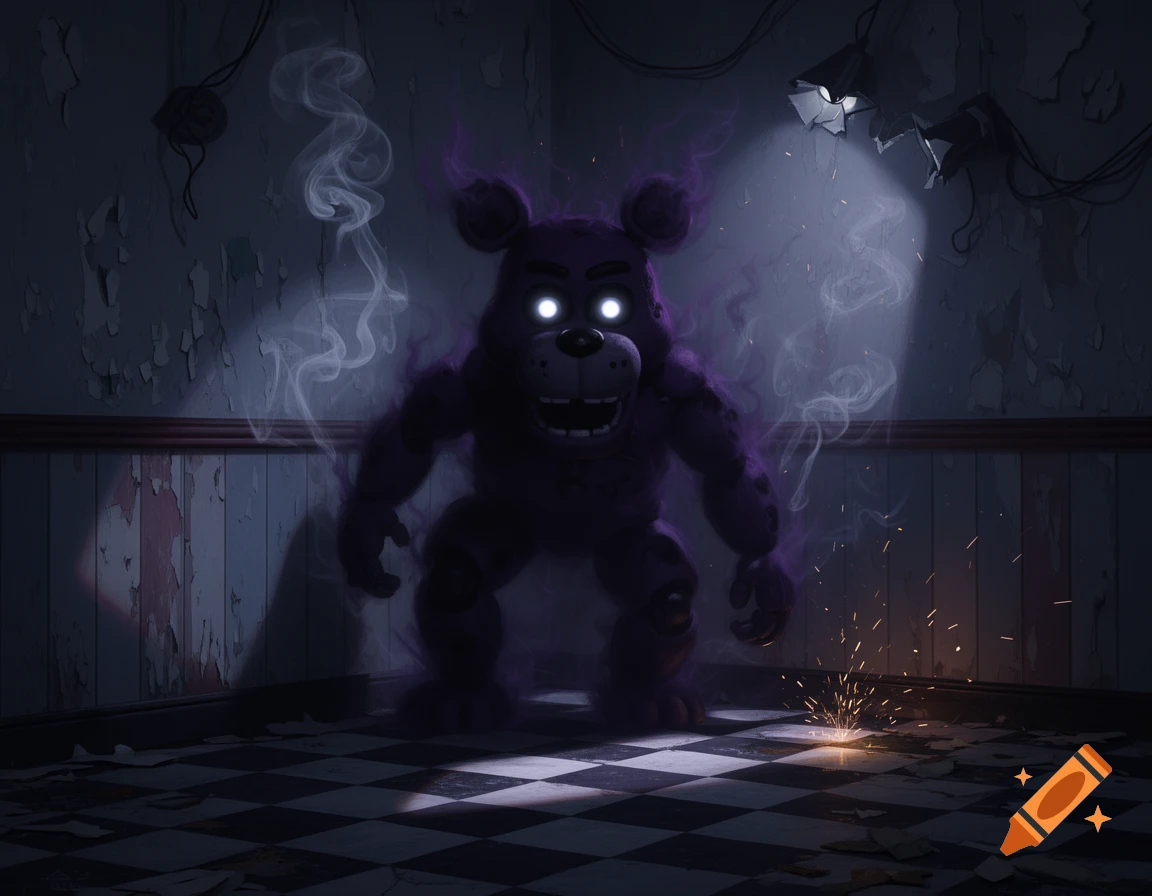 A menacing, shadowy purple bear-like creature with glowing white eyes stands in a dark, dilapidated room with sparking wires on the floor.