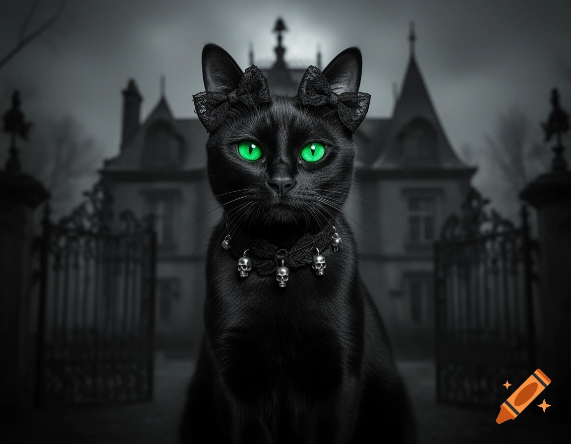A striking black cat with vibrant green eyes, wearing black lace bows and a skull charm collar, in front of a dark, gothic mansion.