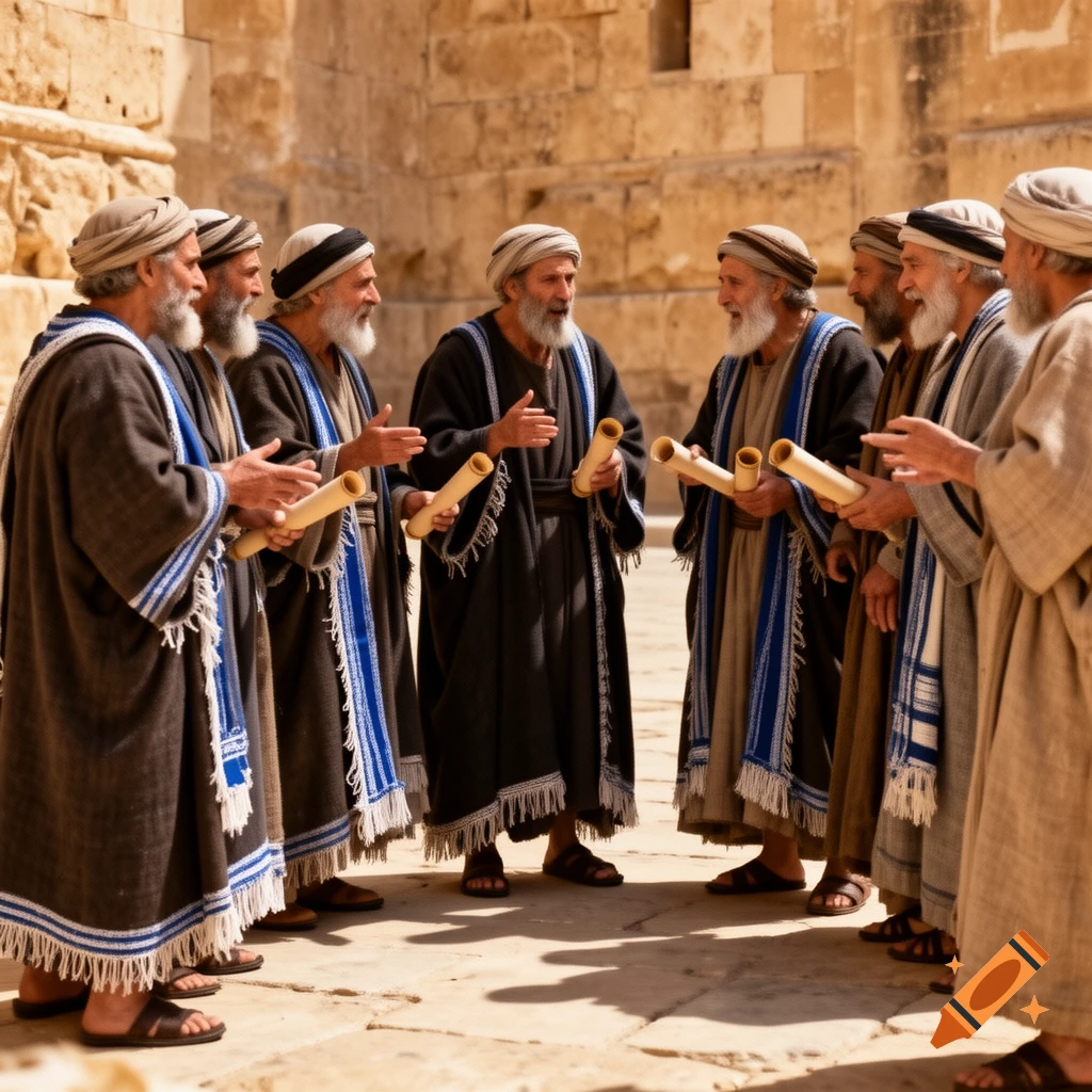 Group of bearded men in ancient robes holding scrolls and conversing in a sunlit stone courtyard.