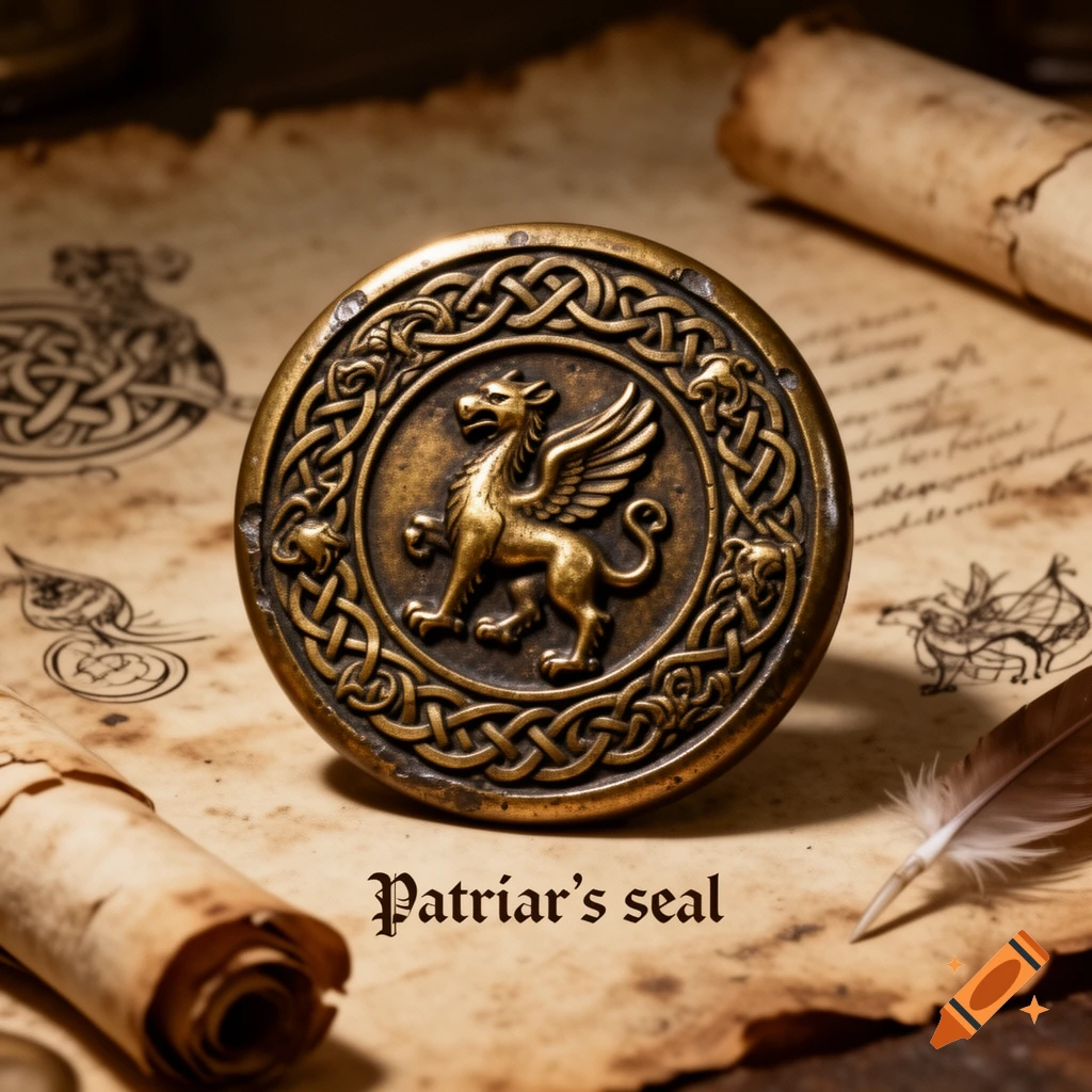 Close-up of an antique brass seal with a griffin and Celtic knotwork on aged parchment, with a quill.