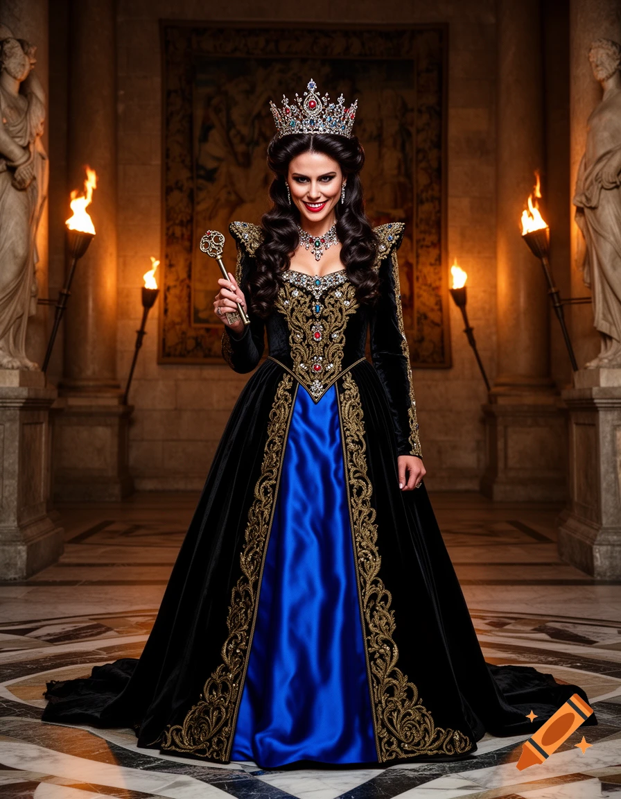 A queen in a black and gold dress with a blue panel, wearing a crown and holding an ornate key, stands smiling in a stone hall with torches.