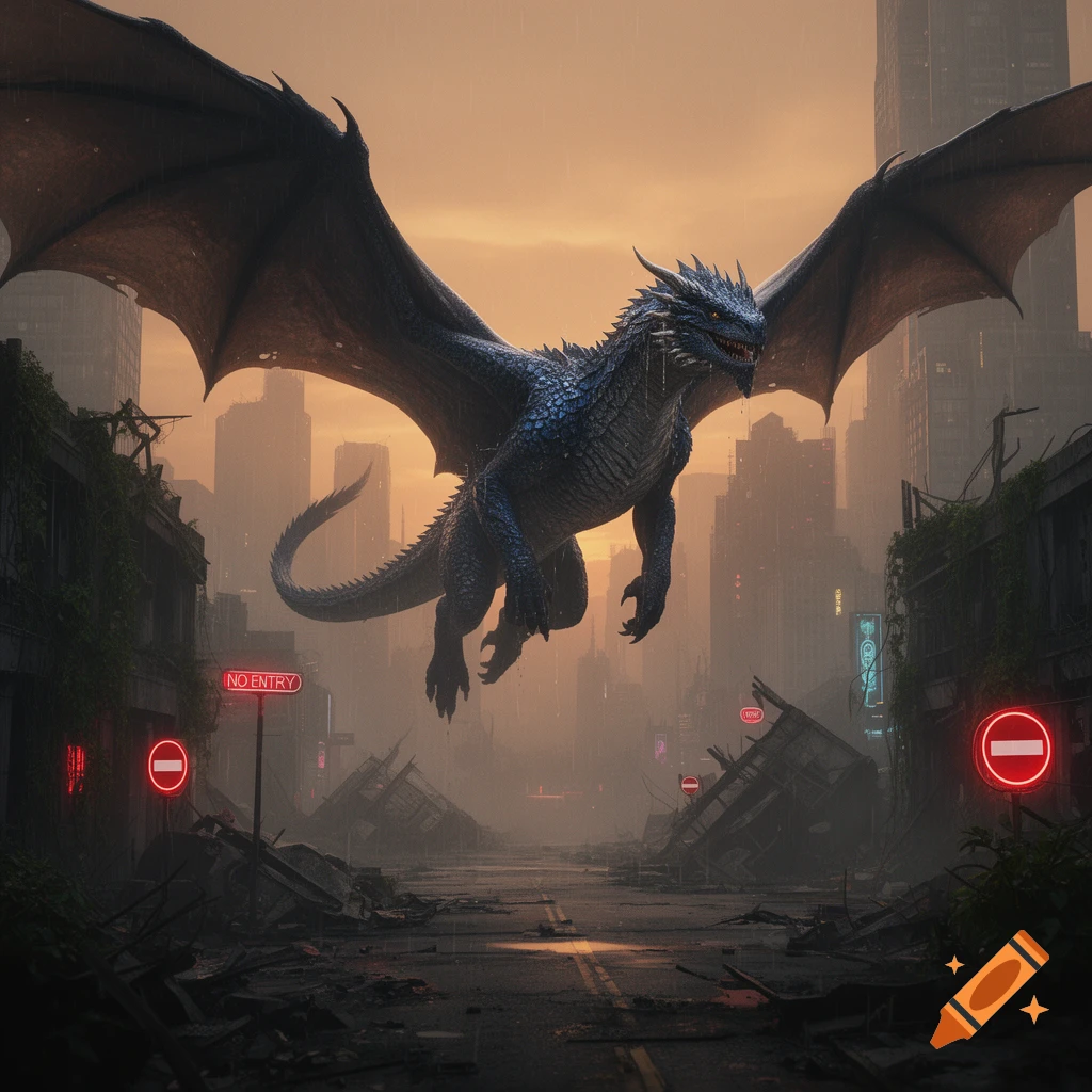 A large blue dragon flies over a ruined, dystopian city with glowing 'NO ENTRY' signs under an orange, rainy sky. Photorealistic.