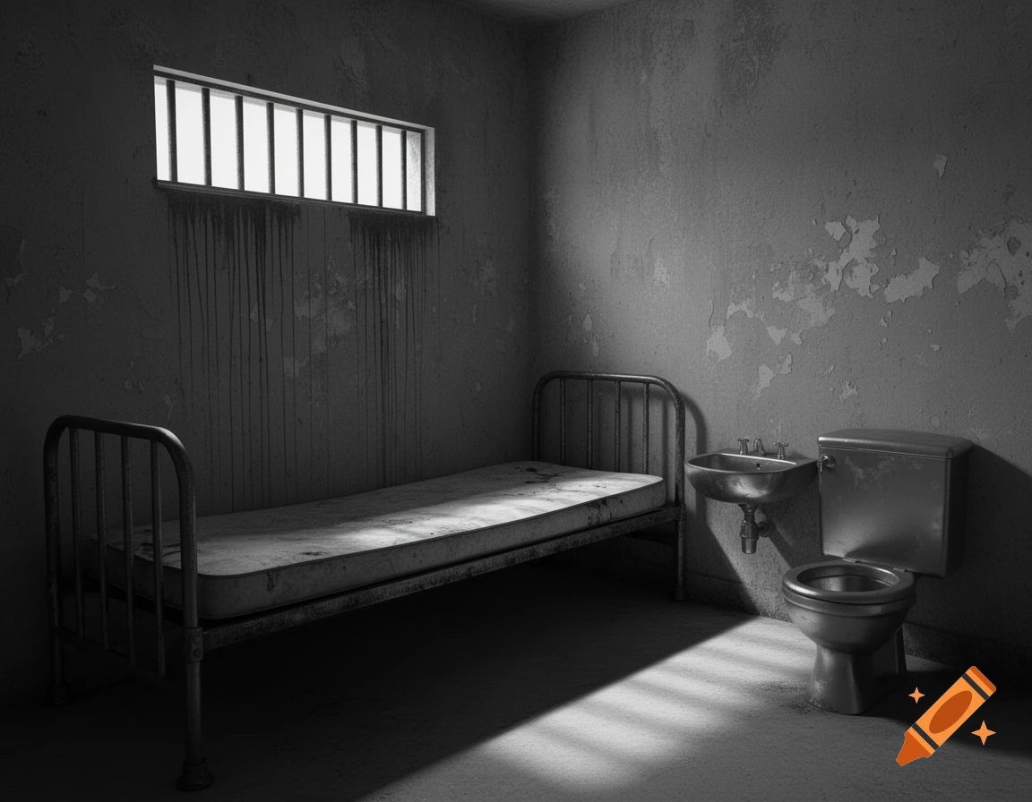 A monochromatic, empty jail cell with a bed, toilet, and sink, lit by light streaming through a barred window.