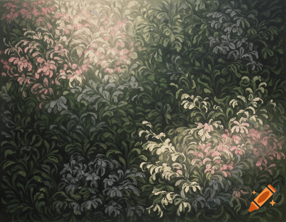 Abstract painting depicting dense foliage with light pink, cream, and gray flowers amidst dark green leaves.